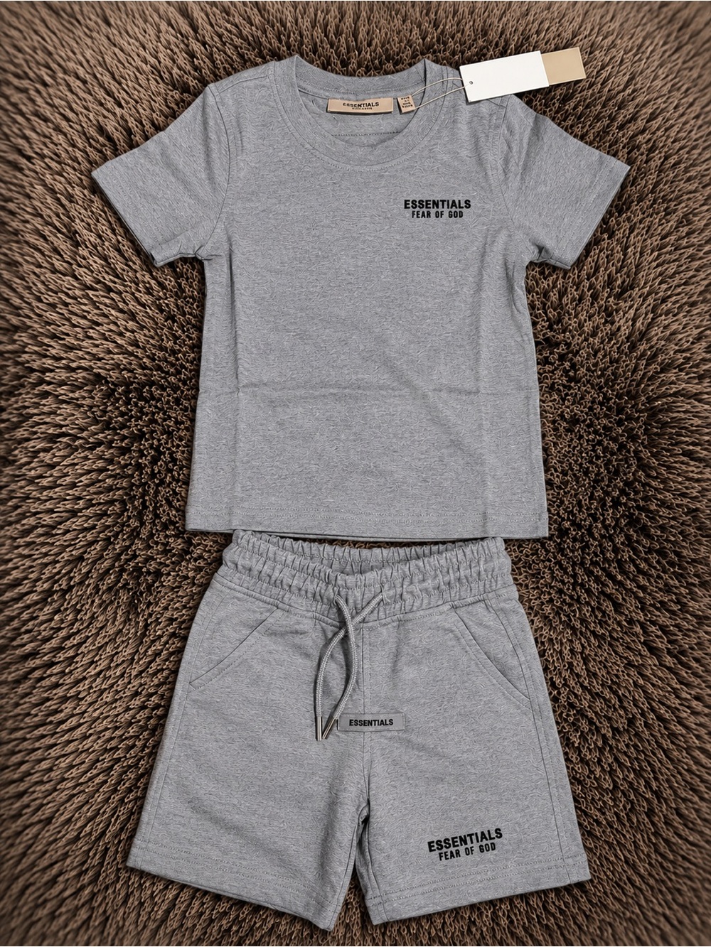 Kids Fear of God ESSENTIALS grey Tee and Shorts Set